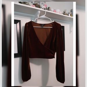 Brown Velvet long sleeve low V crop top!